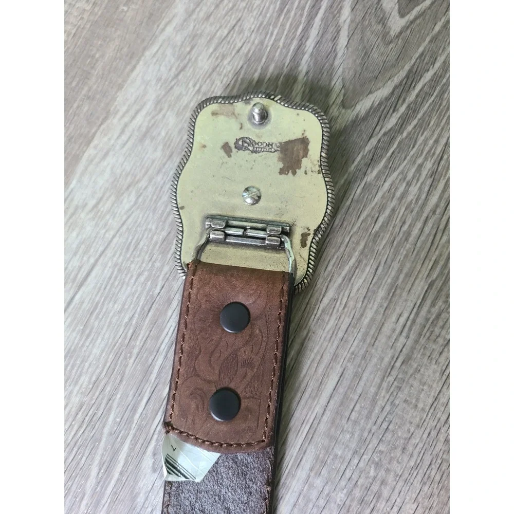 Nocona Embossed Floral Brown Leather Belt Silver Rodeo Bull Rider Stamped Buckle - Picture 7 of 9